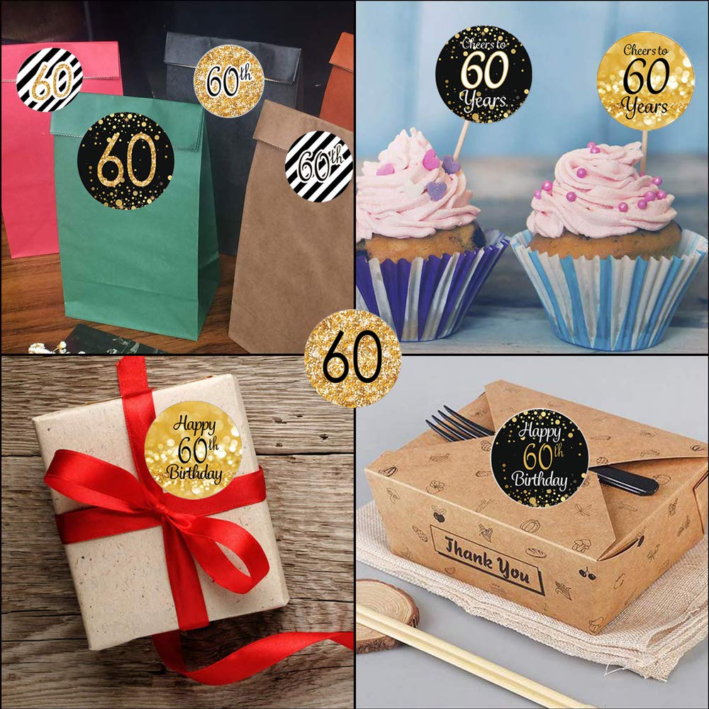 DFYOUHOME 216PCS Happy Birthday Party Favor Labels Stickers 3/4 inch Circle- Printed Dots Decorations Supplies for Small Candies Sealing Envelopes Scrapbooks Grab Bags Gold and Black (60th)